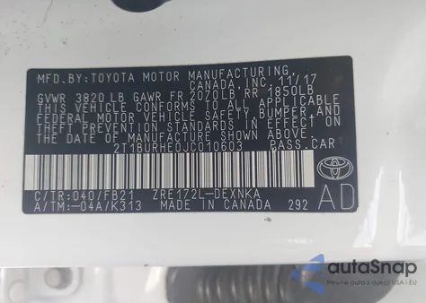 2018 Toyota Corolla Le from USA, damaged, VIN 2T1BURHE0JC010603